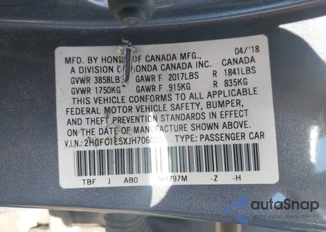 2018 Honda Civic Si z USA, uszkodzony, nr VIN 2HGFC1E5XJH706001